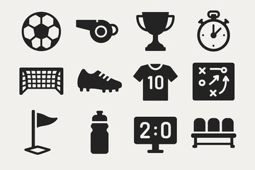 Soccer icon set featuring ball, whistle, trophy, timer, jersey, scoreboard, field flag, and bench in solid black style.