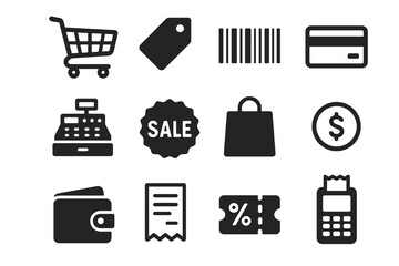 E-commerce and retail icon set with shopping cart, barcode, price tag, wallet, credit card, sale tag, and receipt.