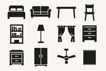 Home furniture icons including bed, sofa, table, curtain, wardrobe, and ceiling fan. Perfect for interior design visuals.