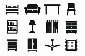 Minimal home furniture icons including bed, sofa, table, curtain, wardrobe, lamp, and carpet in black silhouette style.