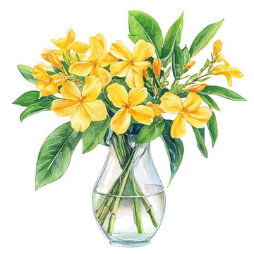 A Carolina Jessamine In A Vase, watercolor painting vector, isolated on a white background.