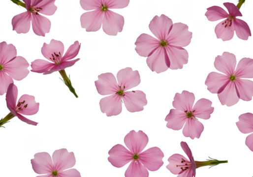 Scattered arrangement of light pink phlox flowers against a solid dark contrasting setting on transparent background