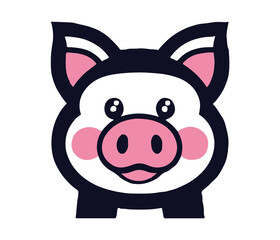 Cute Cartoon Pig Face Icon Bold Vector Illustration with Big Eyes, Pink Snout, and Black Ears. Muzzle Flat design for business financial marketing banking advertising