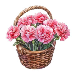 A Carnation Flower Basket, watercolor painting vector, isolated on a white background.