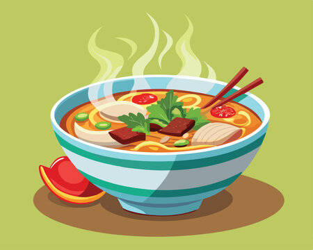 Vietnamese pho bowl with steaming vegetables and meat vector art design 