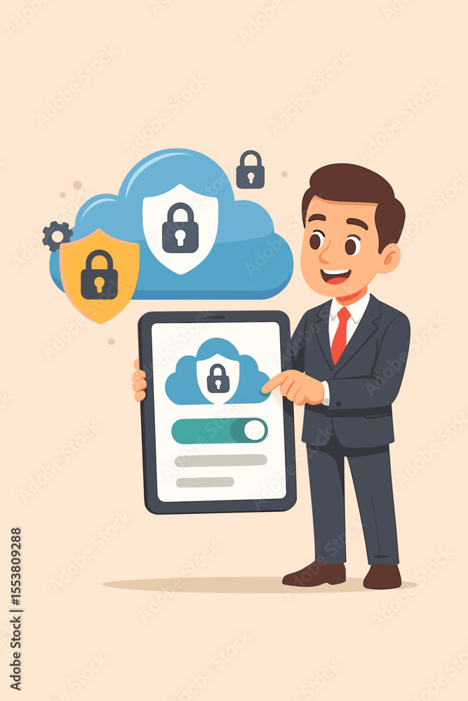 Poster businessman managing cloud security for data protection. man uses tablet for privacy policy settings