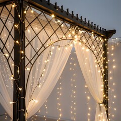 Obraz premium Elegant Metal Pergola Draped with White Curtains and Illuminated String Lights