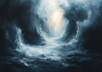Obraz premium Dark, swirling sea with waves crashing and a bright light piercing through cloudy skies