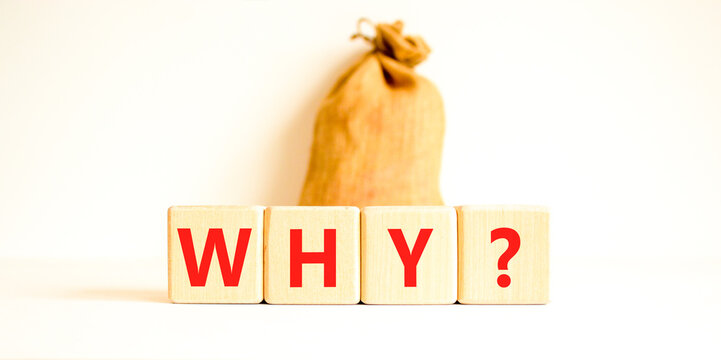 Why question symbol. Concept word Why question on beautiful wooden blocks. Beautiful canvas bag. Beautiful white table white background. Business, lifestyle, support why question concept. Copy space.
