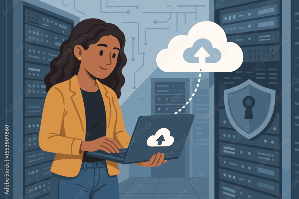 Poster businesswoman using laptop for cloud data backup in secure server room. cloud computing, data protec