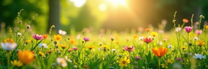 Sun-drenched English meadow, vibrant wildflowers, lush green grass , image, wildflowers, blossom