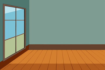 Empty room interior with wooden parquet floor, white walls, and a sunlit window