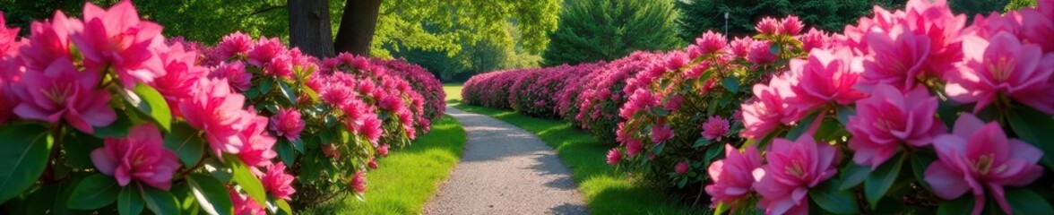 Vibrant azaleas & rhododendrons bloom along a garden path , lush, pathway