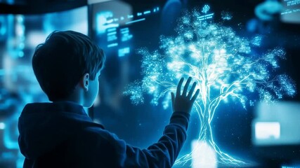 A young boy interacts with a holographic tree display. The scene features glowing blue elements and a futuristic environment, emphasizing technology and nature. - Powered by Adobe