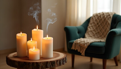Cozy Ambiance: Velvet Armchair and Candlelight