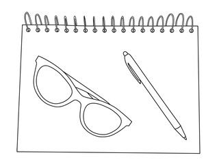 Spiral notebook with sunglasses and pen on top, line art vector illustration