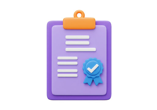 A purple clipboard with white lines and a blue seal with a white check mark on a dark setting on transparent background