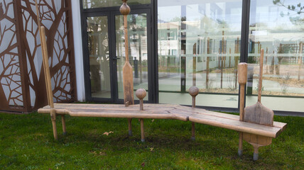 wood modern bench made from old wooden tools