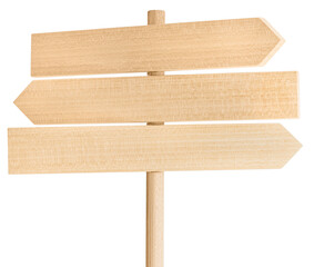 Blank Wooden sign post isolated on white background. Three placards Template