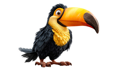 Colorful cartoon toucan bird with oversized beak stands prominently in a whimsical setting