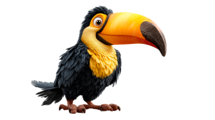 Colorful cartoon toucan bird with oversized beak stands prominently in a whimsical setting