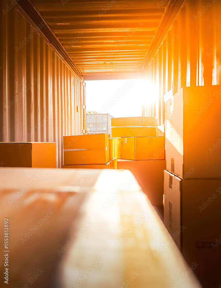 Poster boxes inside a shipping container catch the golden light of the setting sun.
