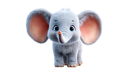 Light gray cartoon elephant with big floppy ears stands happily in a playful setting, engaging viewers with a cheerful expression