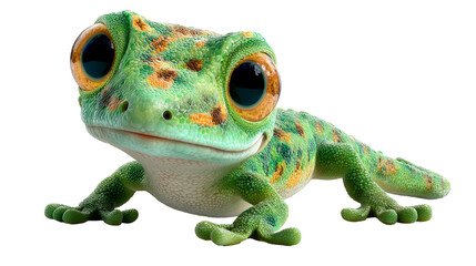 Kachanov cartoon gecko with vibrant green body and large expressive eyes resting playfully on a smooth surface