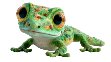 Kachanov cartoon gecko with vibrant green body and large expressive eyes resting playfully on a smooth surface