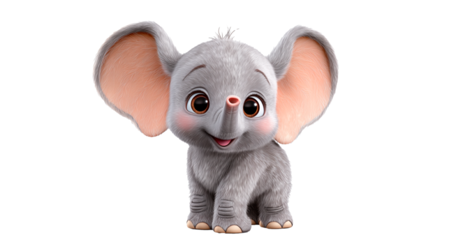 Cute cartoon baby elephant with light gray skin and large expressive ears sitting cheerfully under bright sunlight