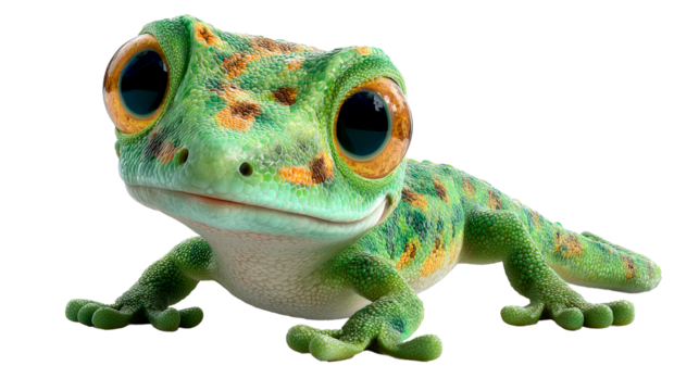 Kachanov cartoon gecko with vibrant green body and large expressive eyes resting playfully on a smooth surface