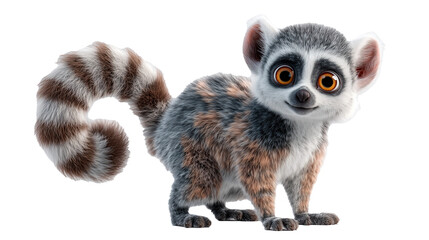 Cartoon lemur with a curled striped tail and big round eyes in a playful pose