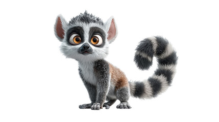 Charming cartoon lemur with a big round face and coiled striped tail striking a playful pose in a vibrant setting