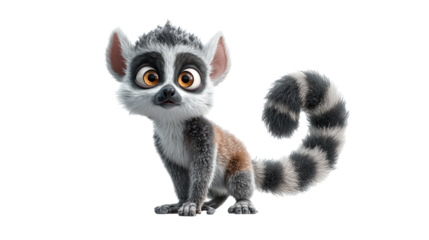 Charming cartoon lemur with a big round face and coiled striped tail striking a playful pose in a vibrant setting
