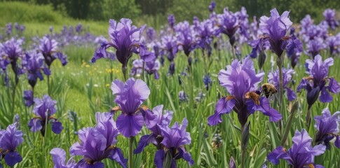 Busy bees gather nectar from vibrant purple irises blooming in a lush green meadow , honeybees, colorful