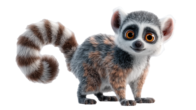 Cartoon lemur with a curled striped tail and big round eyes in a playful pose