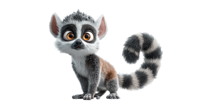Charming cartoon lemur with a big round face and coiled striped tail striking a playful pose in a vibrant setting