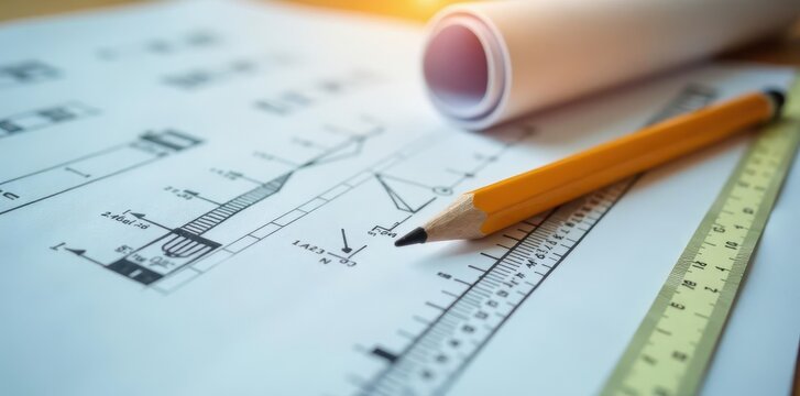 Close-up of measuring tape and pencil on blueprint , scale, plan, project