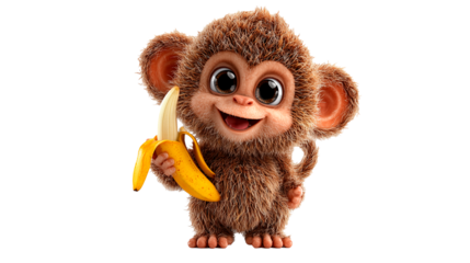 Cute cartoon monkey with brown fur happily holding a banana in a playful pose and bright expression