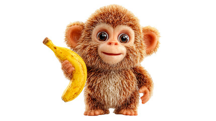 Cute cartoon monkey with brown fur happily holding a banana in a cheerful pose, inviting joy and fun
