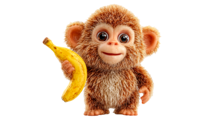 Cute cartoon monkey with brown fur happily holding a banana in a cheerful pose, inviting joy and fun