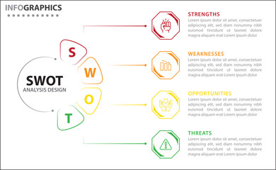 SWOT analysis infographic. Vector illustration for strategic business planning. Comparison chart. Advantages and Disadvantages of company. Infographic design template. Vector illustration. SWOT chart