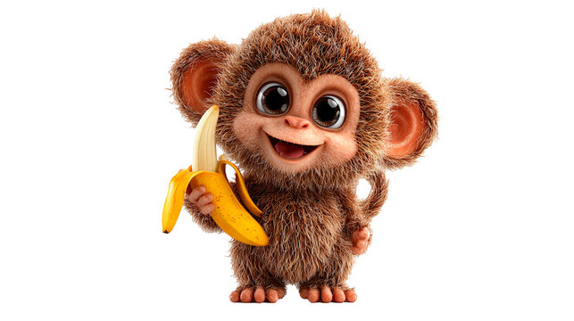 Cute cartoon monkey with brown fur happily holding a banana in a playful pose and bright expression
