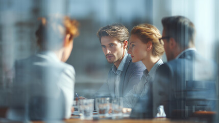 Business professionals engaged in a serious discussion during a meeting with glass reflections