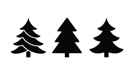 Simple Black and White Christmas Tree Trio &ndash; Minimalist Holiday Illustration Featuring Solid Silhouettes of Rounded, Classic, and Layered Geometric Trees in an Evenly Spaced Horizontal Composition