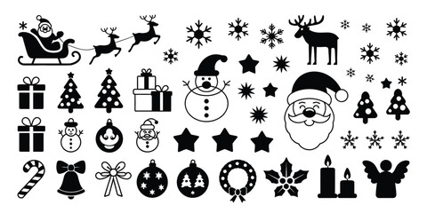 Classic Christmas Icon Set &ndash; 40 Black Silhouette Holiday Illustrations Including Santa Claus, Reindeer, Snowflakes, Trees, Gifts, Candy Cane, and Wreaths for DIY Cards and Digital Art