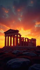 Ancient Greek Parthenon standing alone at sunset, architecture, greek gods, monument
