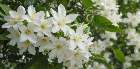 Close-up of Arabian jasmine blossoms, delicate white petals and lush green leaves , vine, bloom