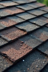 Close-up of damaged asphalt shingles needing repair, repair, maintenance, weather damage
