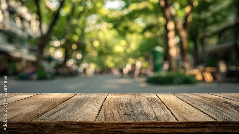 Poster wooden table surface with minimalist perspective, soft urban park bokeh lighting creating spacious b